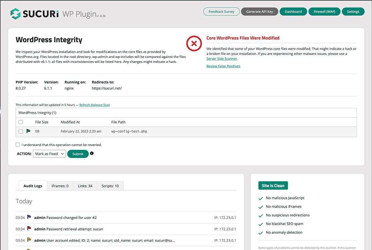 How to Scan WordPress Website for Malware - sucuri dashboard