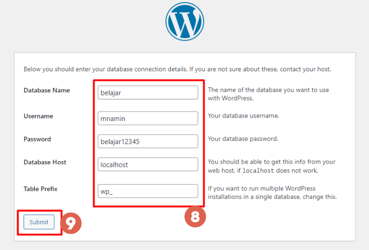 How to Install WordPress in XAMPP Localhost Right - Enter the data and click Submit