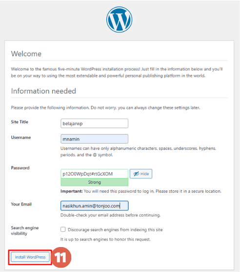How to Install WordPress in XAMPP Localhost Right - Enter the required information