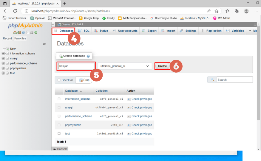 Cara Install WordPress pada XAMPP Localhost - phpmyadmin create database
