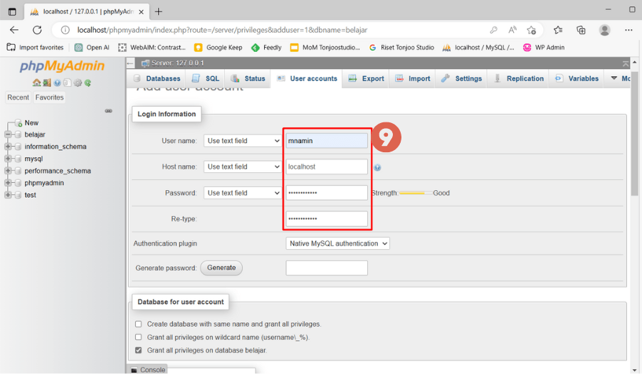 Cara Install WordPress pada XAMPP Localhost - user account name password