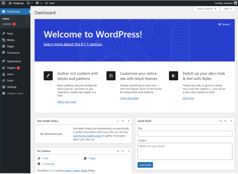 Cara Install WordPress pada XAMPP Localhost - wordpress dashboard