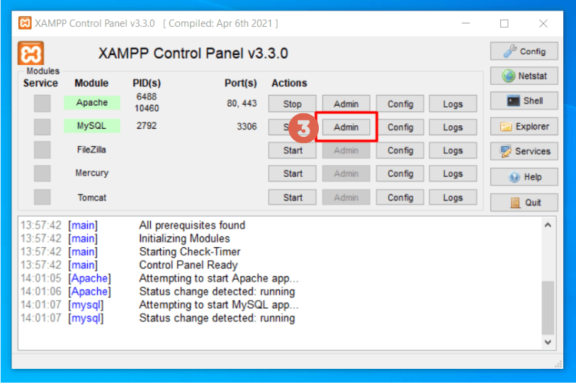 Cara Install WordPress pada XAMPP Localhost - xampp control panel admin mysql