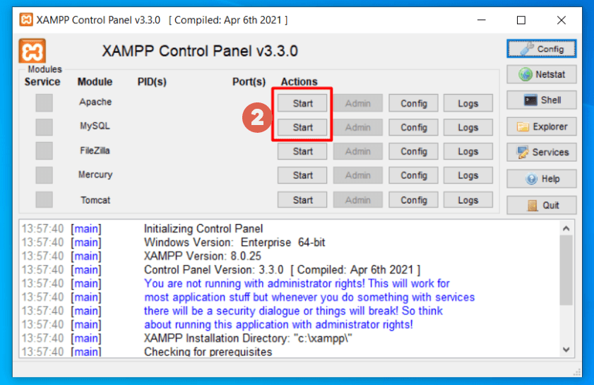 Cara Install WordPress pada XAMPP Localhost - xampp control panel start