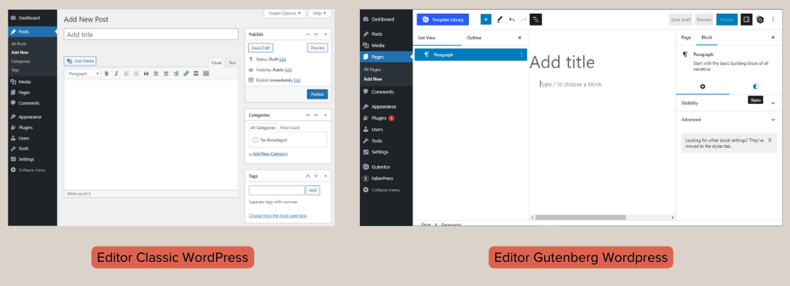 classic editor and gutenberg editor WordPress