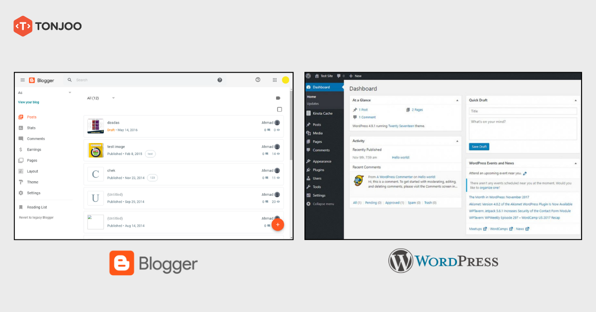 WordPress vs Blogger: Which Is Better? Here’s the Ultimate Comparison 2 A comparison of the editor interfaces in Blogger and WordPress.