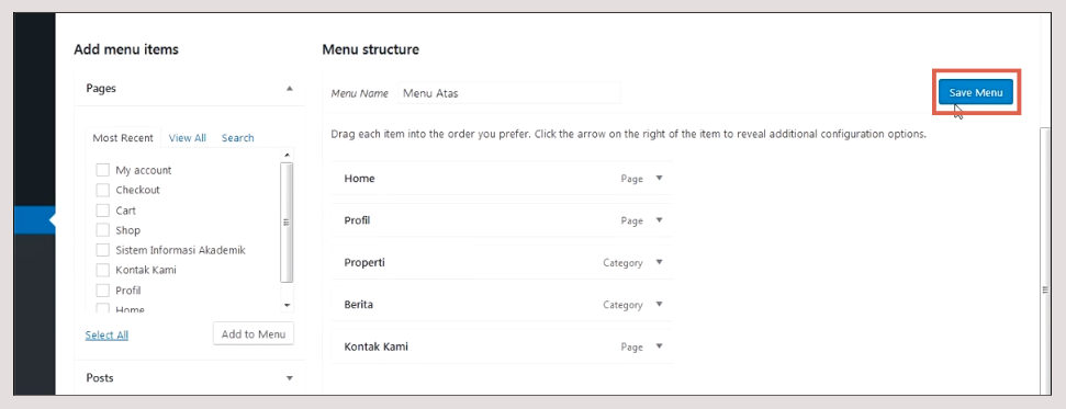 cara hapus menu navigasi di WordPress