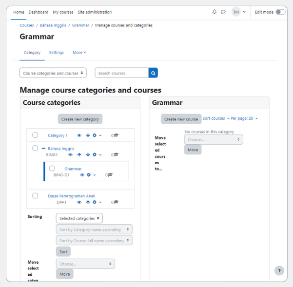 cara membuat kategori di Moodle