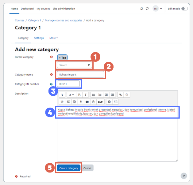 cara membuat kategori di Moodle