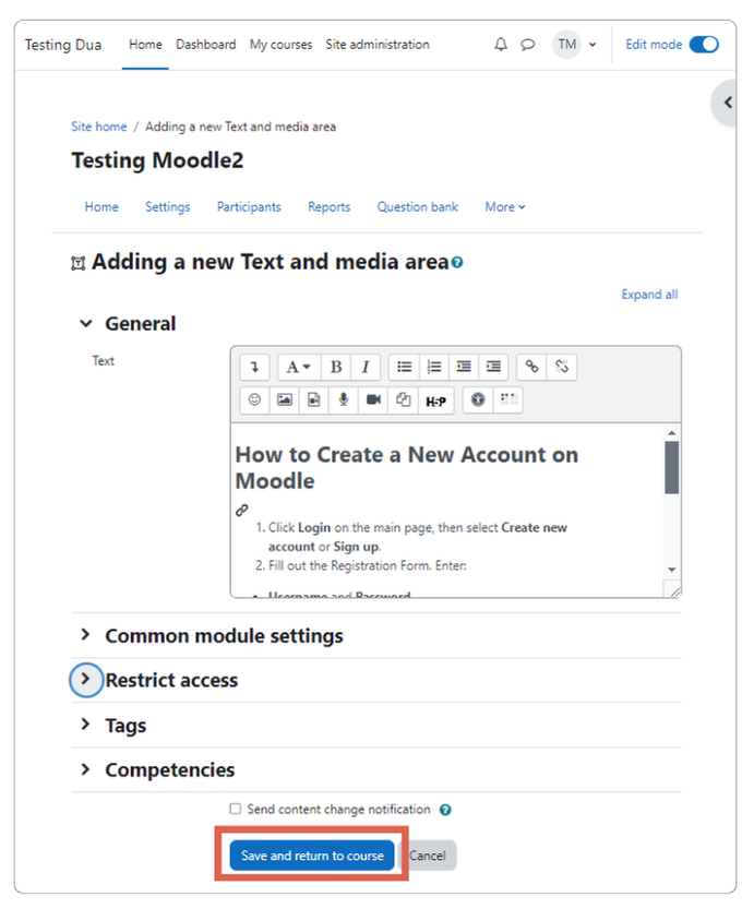 Creating Sign-Up Instructions for Participants in moodle