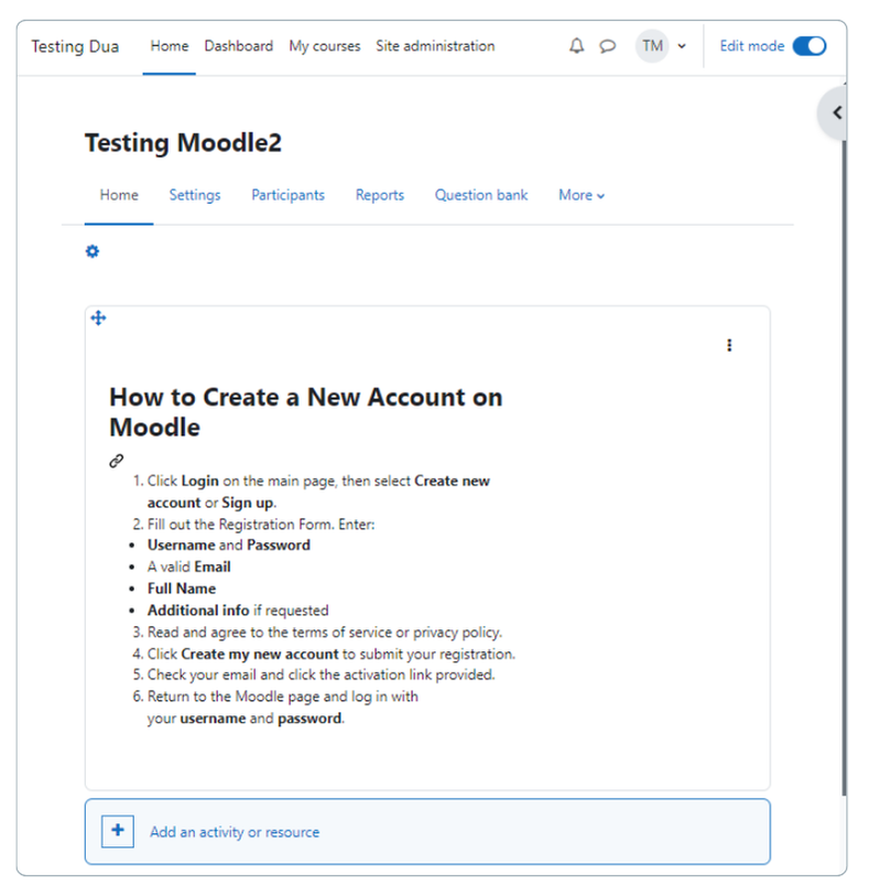 Creating Sign-Up Instructions for Participants in moodle