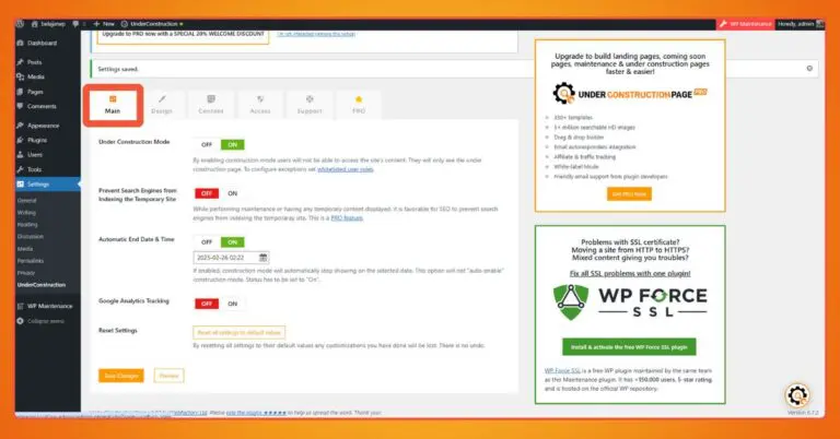 5+ Best WordPress Maintenance Plugins in 2025 13 The Under Construction Page settings screen. The toggle makes it easy to manage