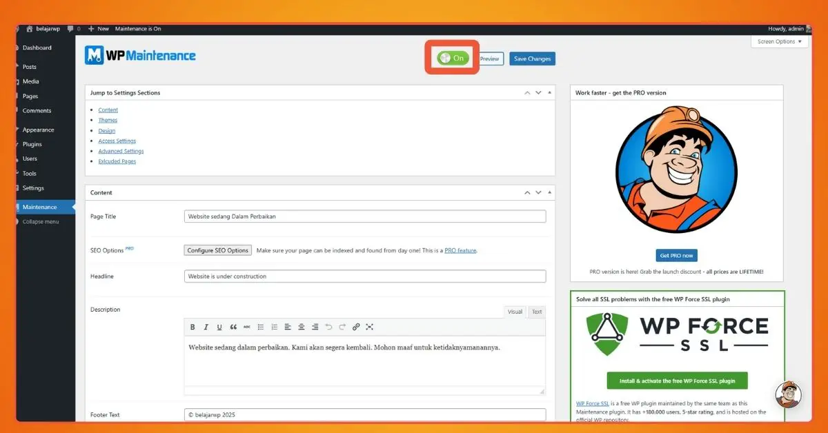 5+ Best WordPress Maintenance Plugins in 2025 1 The settings page for the Maintenance plugin. A toggle makes it easy to switch the website into maintenance mode.