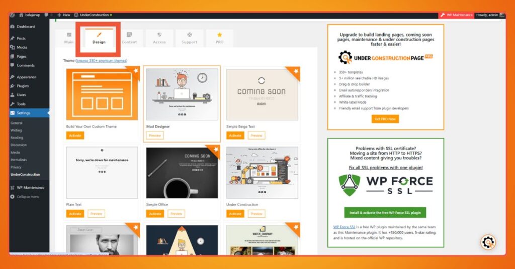 Tampilan halaman pemilihan tema Plugin Under Construction. Pilihan tema terbatas pada versi gratis.