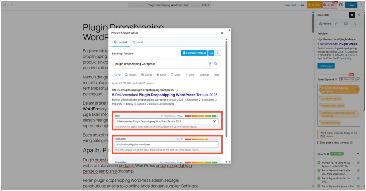 Cara Setting SEO WordPress Menggunakan Plugin Rank Math SEO untuk Pemula 13 Setting SEO on Page SEO Title dan Permalink Rank Math