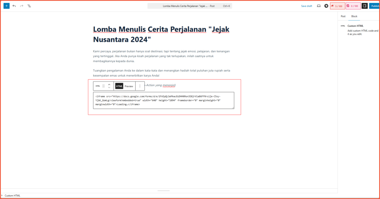 Cara Memasukkan Google Forms di WordPress Tanpa Plugin 4 klik custom HTML