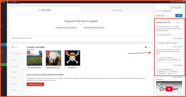 Soliloquy Lite supports shortcodes for inserting slides into posts or pages.