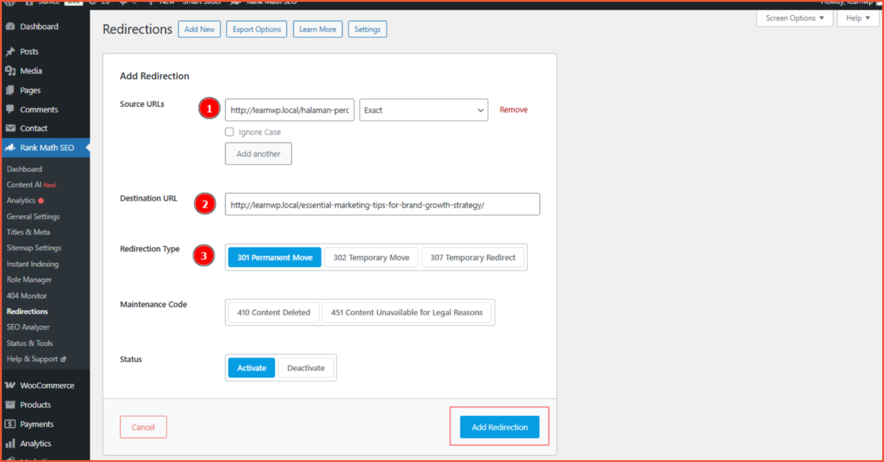 Cara redirect website di WordPress menggunakan plugin redirect dan plugin Rank Math SEO