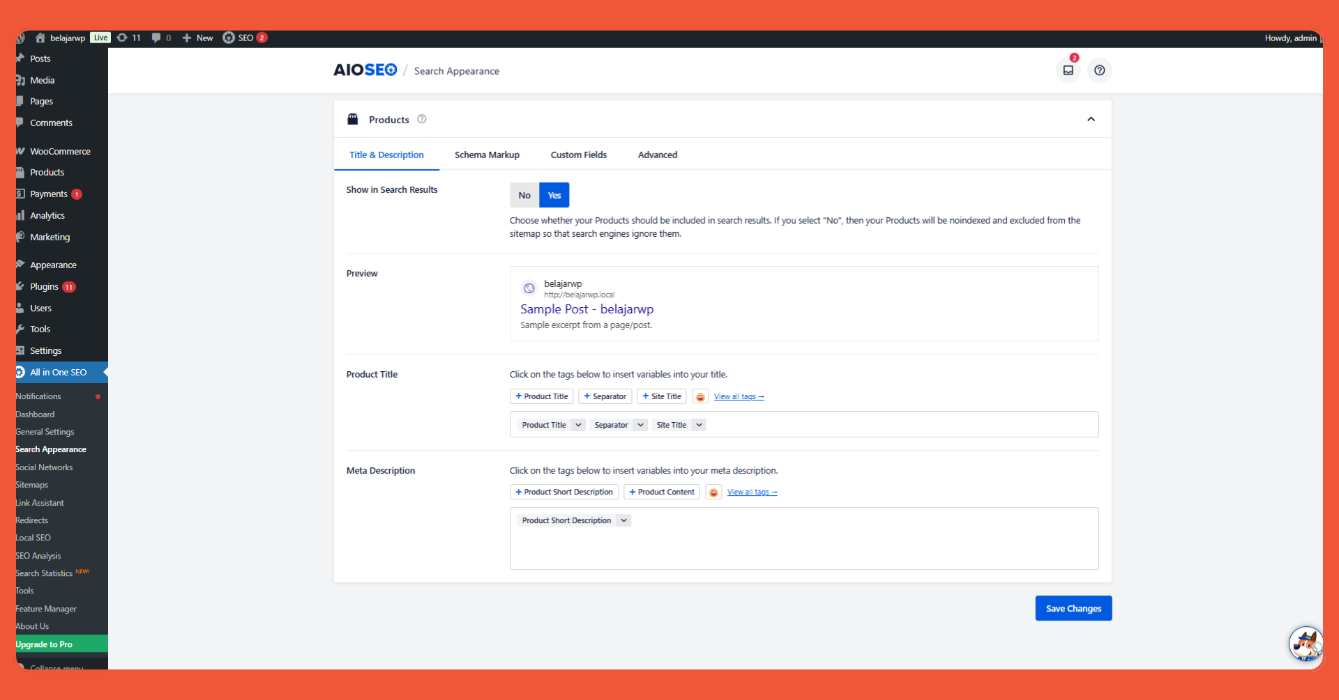 Integrasi AIOSEO dengan WooCommerce. Setting ini bertujuan agar produk Anda dapat terlihat di mesin pencarian.