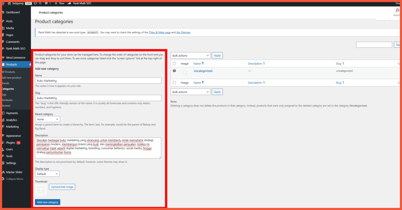 Isi form nama slug parent category jika ada