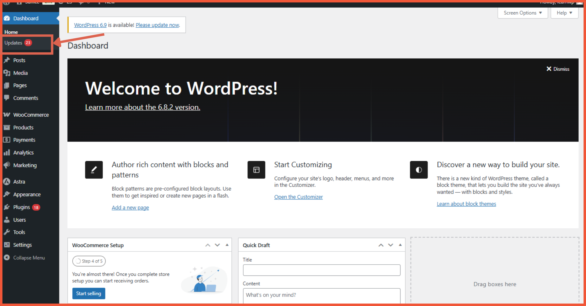 Cara update WooCommerce via menu Update di dashboard WordPress