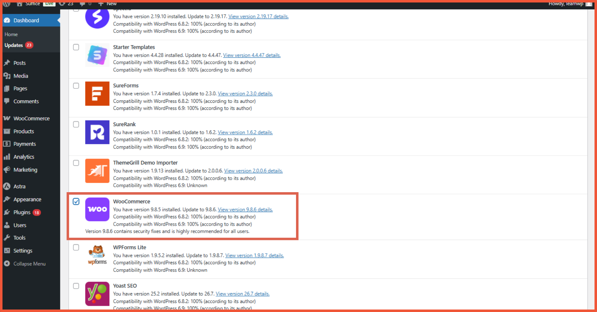 cara update WooCommerce centang plugin woocommerce yang ingin diupdate