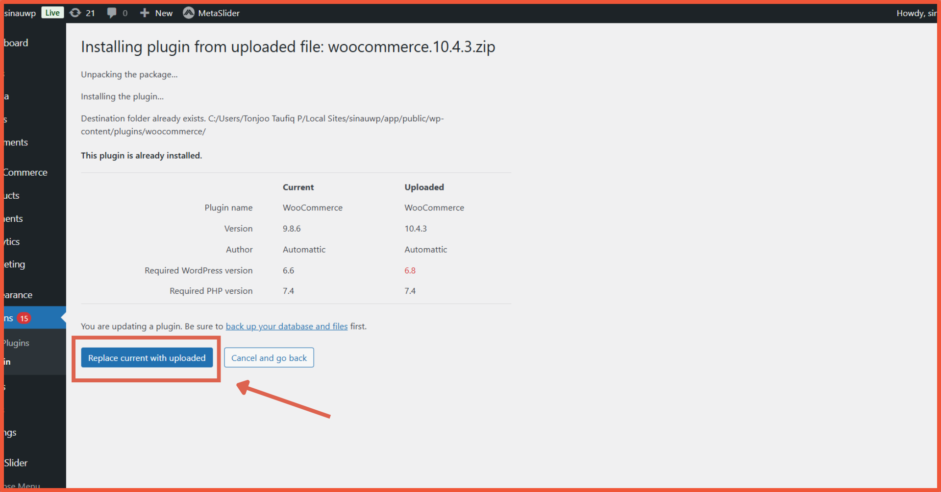 cara update WooCommerce klik tombol replace current with uploaded