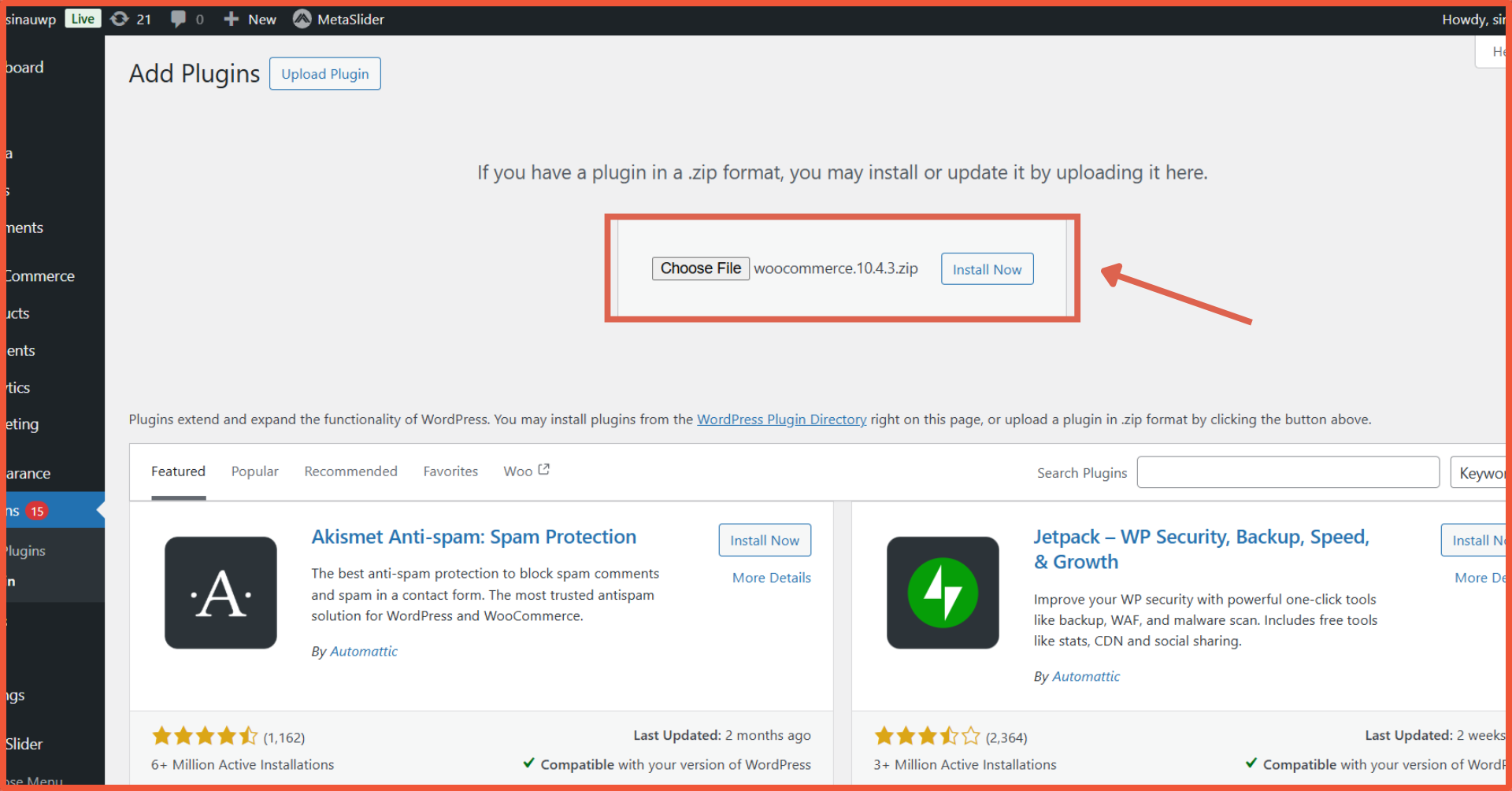 cara update WooCommerce versi terbaru choose file lalu install now