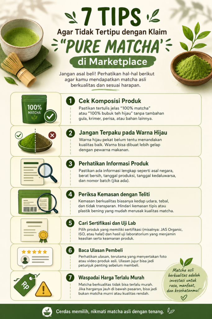 contoh infografis tips agar tidak tertipu klaim pure matcha palsu