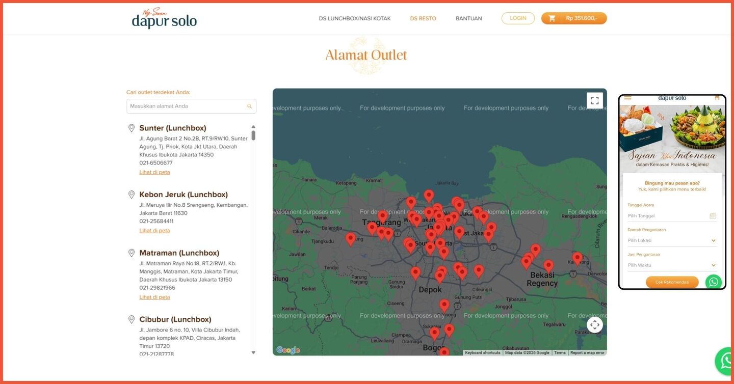 Dapur Solo footer, branch finder, & tampilan mobile
