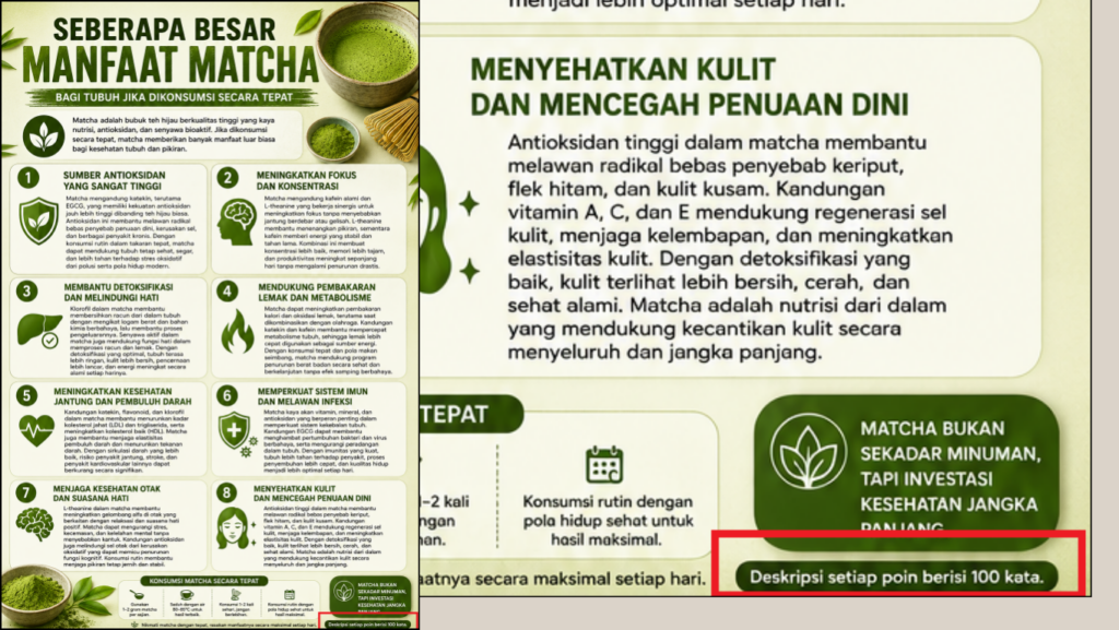 Tips Membuat Prompt AI untuk Poster infografis 2 contoh prompt poster matcha padat
