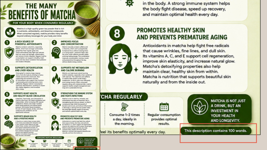 Tips for Prompting AI to Create Infographic Posters 2 poster of the many benefits of matcha
